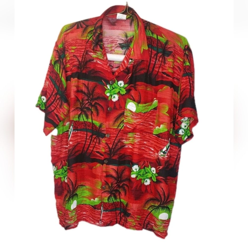 Vtg Hawaiian Shirt Large Red Sunset Sail Boat Palms Nautical Tropical